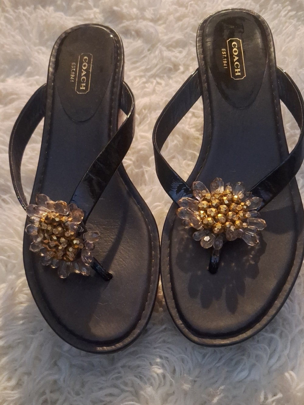 Coach Brown Patent Jeweled Flower Thong Sandals